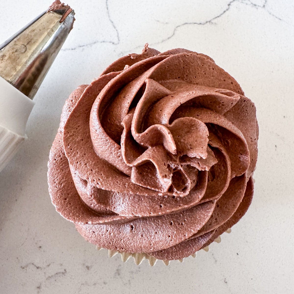 chocolate frosting recipe swirled on cupcake