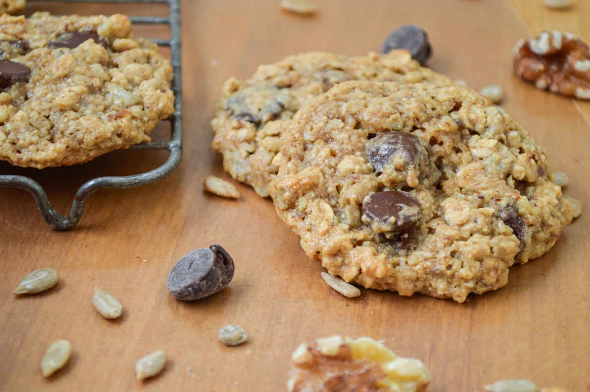 oatmeal chocolate chip cookies on cutting board