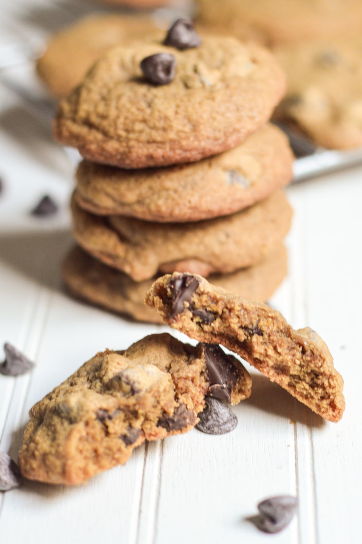 stack of mocha cookies with broken cookie