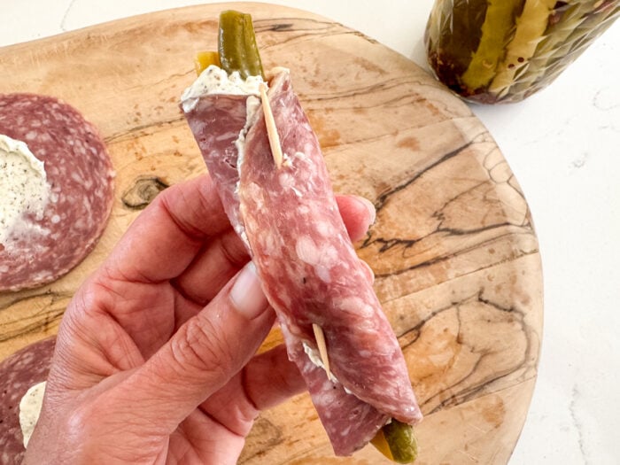 toothpick holding ends of pickled roll up together