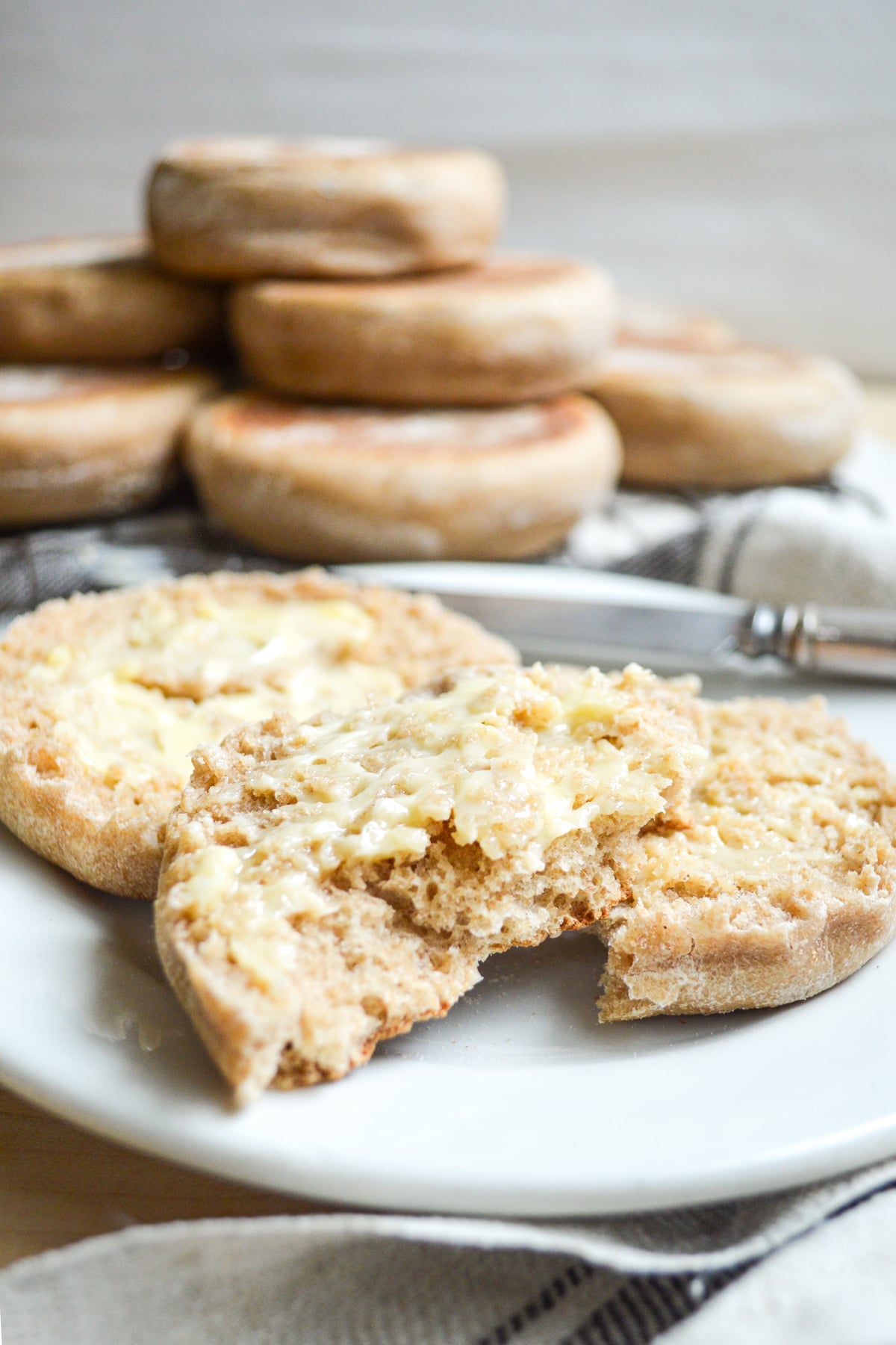 split and buttered sourdough english muffin
