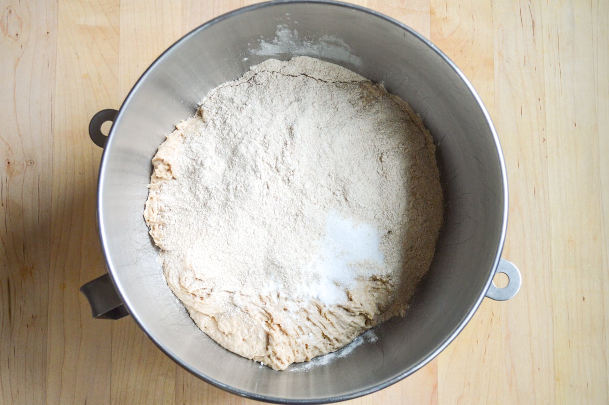 sponge and ingredients in mixer for english muffins