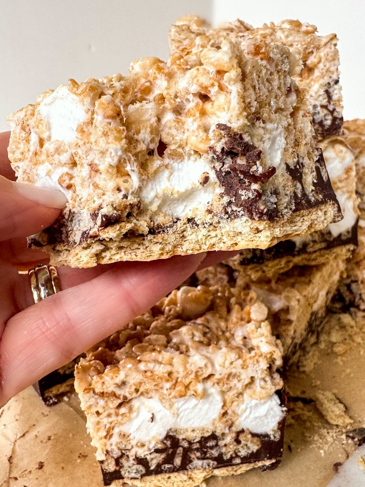 S'mores rice krispie treat with bite