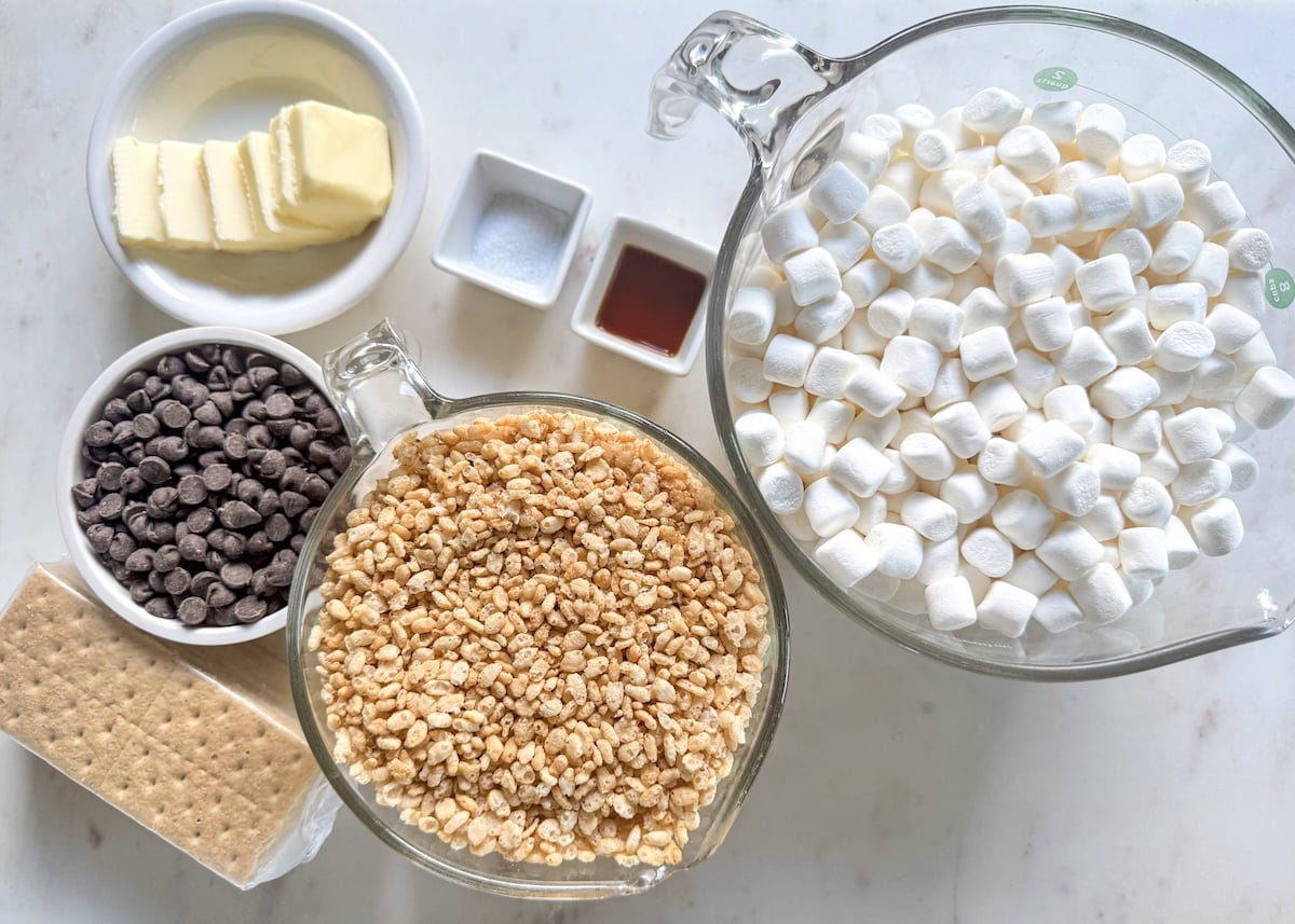 s’mores rice krispie treats ingredients on marble counter
