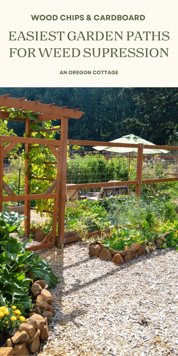 wood chip garden paths Pinterest image