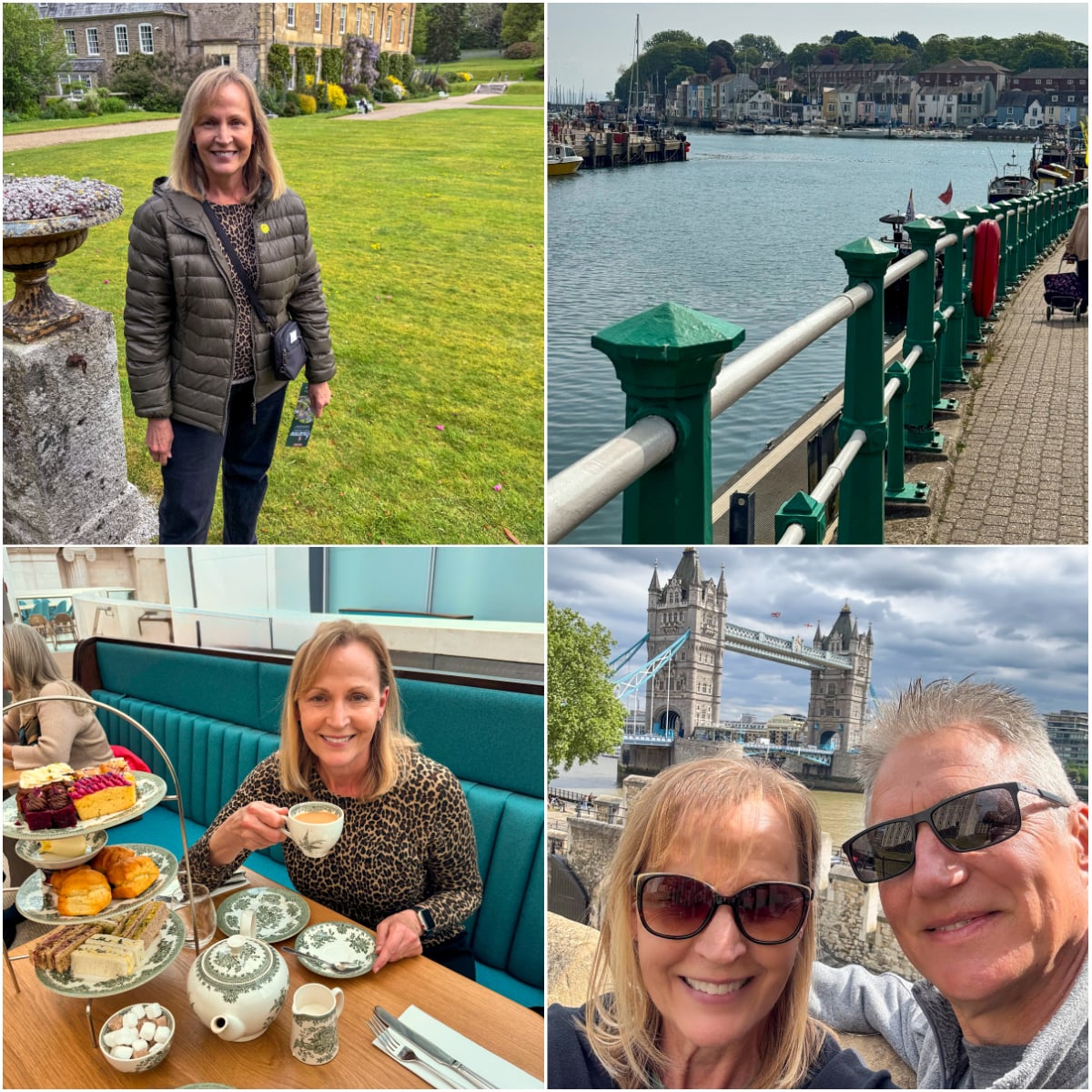 collage of England sites: Pencarrow, Weymouth, Tower Bridge, high tea