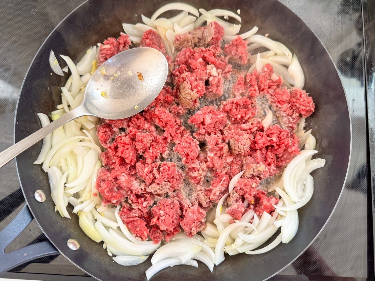 cooking onions and ground meat