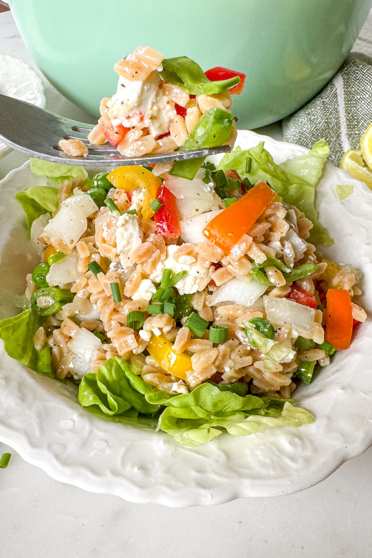orzo pasta salad on fork over white bowl