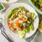 orzo pasta salad in white bowl