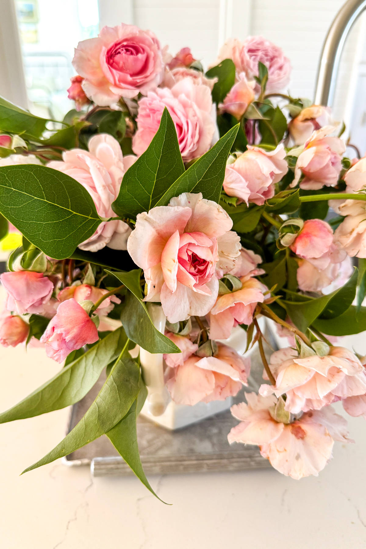 James Galway roses cut in a vase