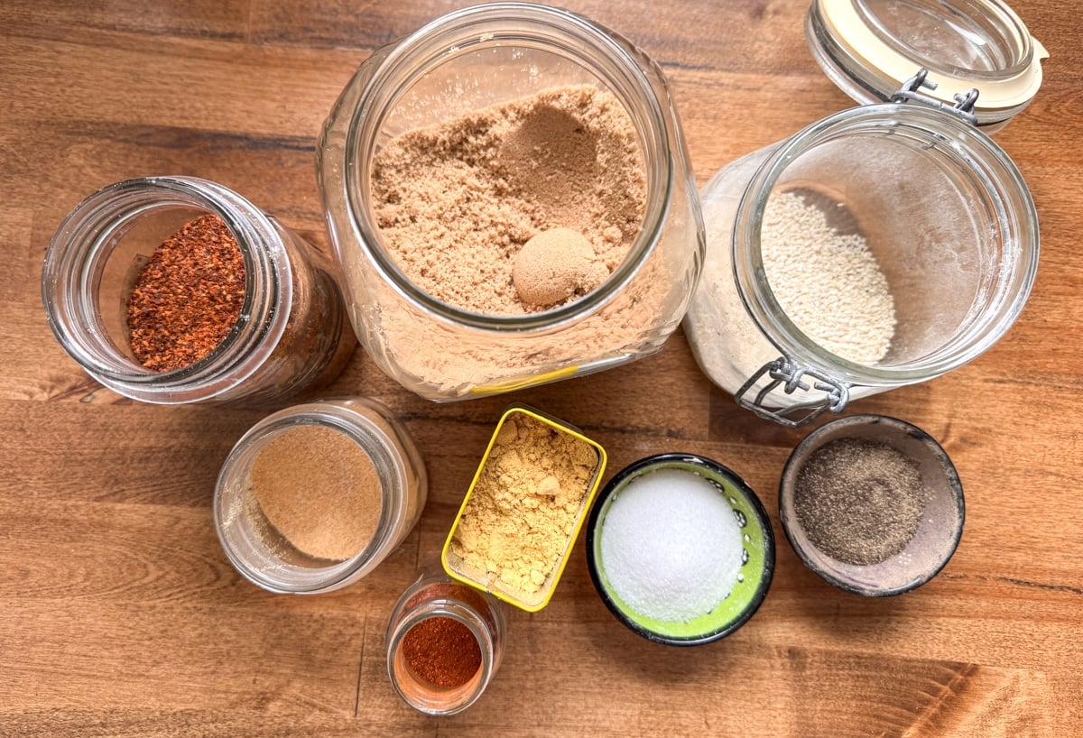 Korean BBQ spice mix ingredients on wood counter