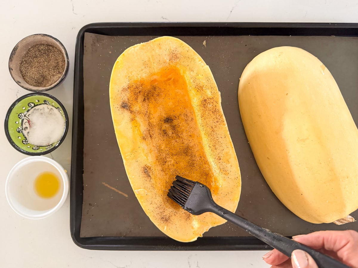 prepping spaghetti squash to bake